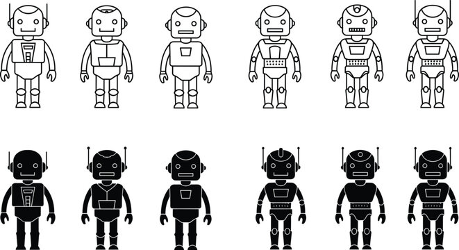 Retro robot character silhouettes set, vintage droid icons in outline and solid styles, cartoon AI machines vector collection