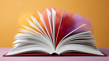 Open book with fanned pages, showcasing vibrant colors and abstract cloud formations in the background, creating a whimsical atmosphere that invites imagination and creativity