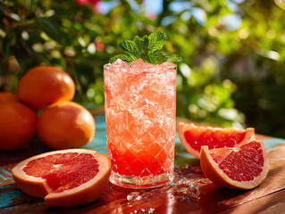 Refreshing cocktail with ice and grapefruit slices garnished.