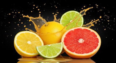 Citrus fruits with juice splashing on a black background featuring lemon lime and grapefruit slices