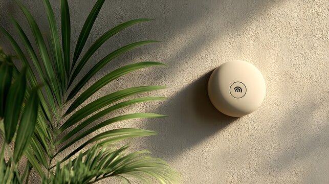 Wireless access point mounted on a beige wall with lush greenery.