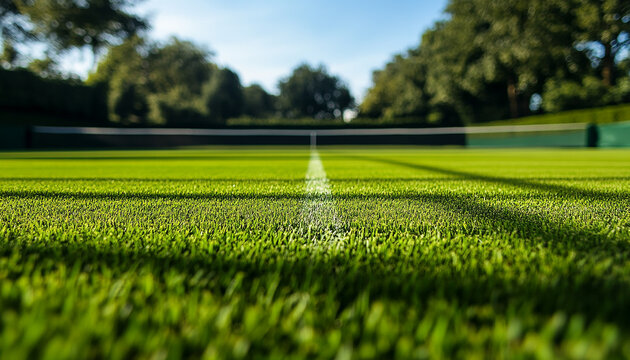 Close up view of fresh grass in tennis ground, beautiful view of green grass generated.AI