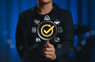 Quality Assurance and Certification Compliance Concept. A magnifying glass with checkmark surrounded by business icon, symbolizing quality assurance, compliance, and certification. certified document,