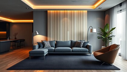 Modern Living Room Interior with Stylish Sofa and Warm Lighting Design