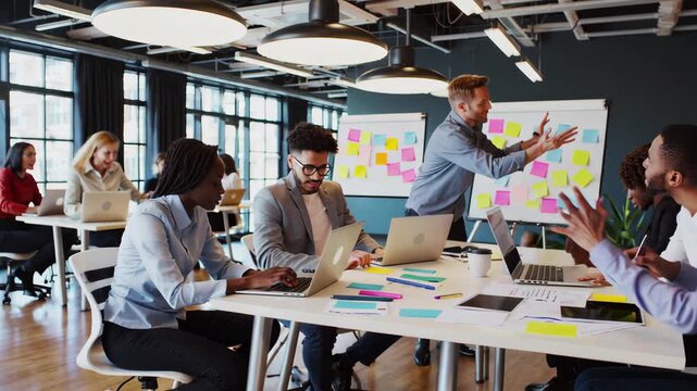 In a modern office, a team collaborates intensely around a large desk. Laptops and papers are scattered as team members engage in brainstorming. A man stands at a whiteboard covered in sticky notes, l