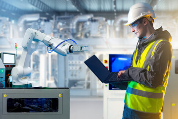 Engineer in safety gear programming an industrial robotic arm using a laptop in a modern factory setting. Robotics, automation, engineering, industrial technology.