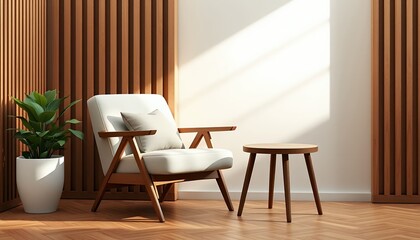 Modern Living Room Interior with Wooden Accents and Comfortable Armchair