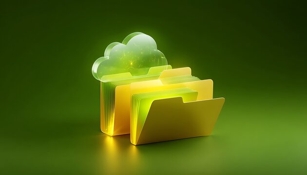 Cloud storage concept featuring transparent cloud icon and yellow file folders on green background
