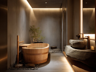 Modern bathroom with wooden tub and calming decor for relaxation.