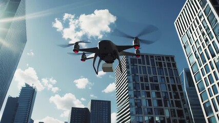A drone flies through a cityscape, delivering a package amidst modern skyscrapers. The blue sky and sunlight highlight the advanced technology and efficiency of urban aerial delivery systems. - Powered by Adobe