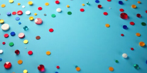 Colorful sequins scattered on blue, festive greeting card template, template, sequins