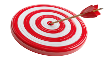 3D red and white bullseye target with arrow hitting center, background isolated on a Transparent background, PNG file.