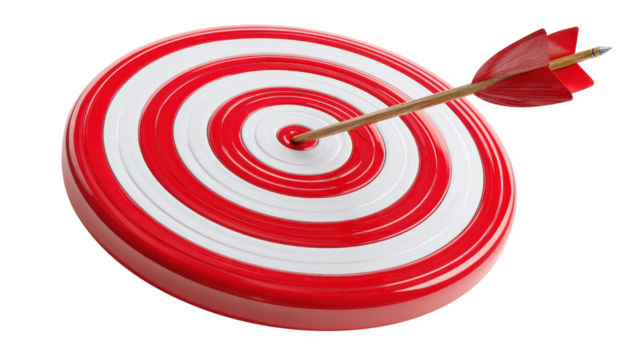 3D red and white bullseye target with arrow hitting center, background isolated on a Transparent background, PNG file.