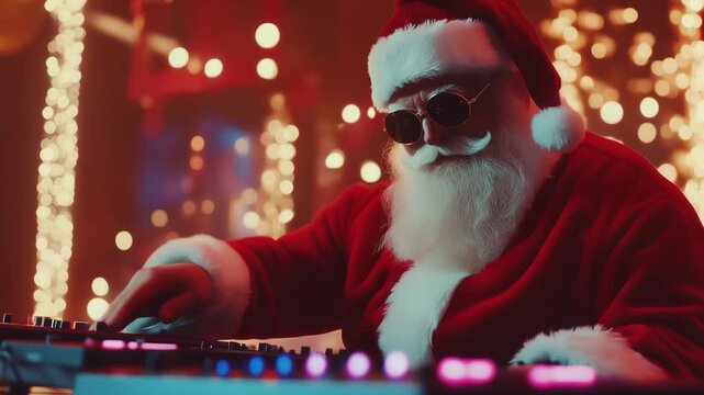 Santa Claus plays upbeat holiday music at a lively winter celebration featuring colorful lights and festive decorations