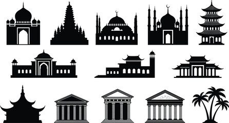 Silhouettes of famous world architecture landmarks, Asian temples, mosques, classical buildings, ancient structures, cultural monuments, iconic global architecture vector illustrations

Silhouettes 