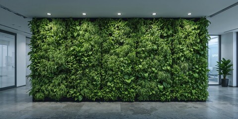 A lush green living wall in a modern office space with natural light and a sleek design aesthetic