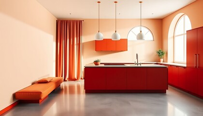 Modern Red Kitchen Interior Design with Orange Accents