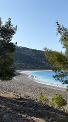 Blue lake scenery. River, trees, sky. Lake in Turkey drone view. High quality photo