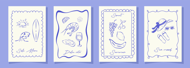 Bundle modern cards in sketch italian style on white background. Summer freehand illustrations in various frames and typography. Blue rough ink lines. Ideal for background, poster, cover, label.