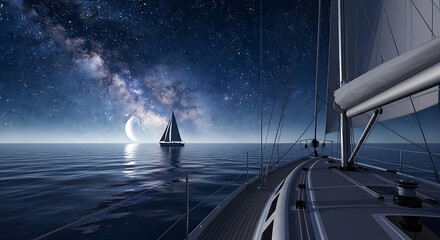 Two sailboats navigate calm waters under a breathtaking night sky filled with stars and a crescent moon.