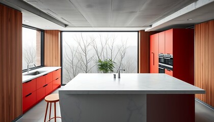 Modern Red Kitchen with Island and Large Window View