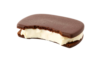 Bitten ice cream sandwich revealing creamy vanilla filling nestled between chocolate wafers isolated on transparent background