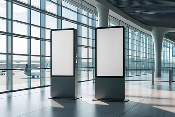 Two blank vertical digital signage screens mockup in a modern airport terminal for advertising.
