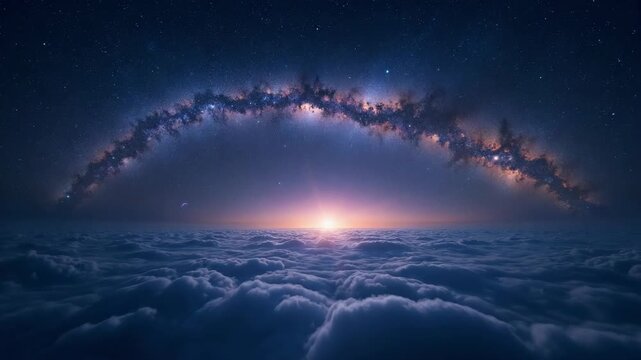 A breathtaking view of the cosmic sunrise with a vibrant Milky Way arching over a serene cloudscape, capturing the splendor and mystery of the universe.