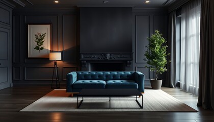 Elegant Living Room Interior with Blue Velvet Sofa and Fireplace