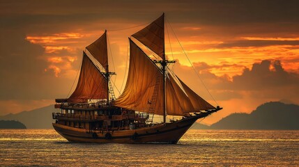 Fototapeta premium Wooden Sailboat at Sunset