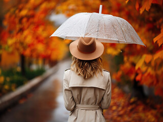 The back of a woman in a stylish beige coat and a brown hat walks with a transparent umbrella through an autumn park surrounded by bright trees. Fall background , fashion and weather themes.
