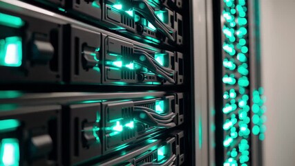 This video provides an inside look at a data center with rows of servers emitting a green glow. The hum of machines highlights the vital role these servers play in digital communication. - Powered by Adobe