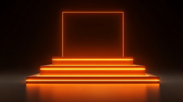 A glowing orange square frame atop illuminated steps in a dark room creating a modern aesthetic