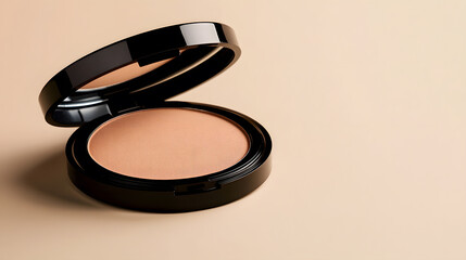 Open compact powder with soft puff beige background makeup beauty cosmetic round case elegance minimal style smooth texture