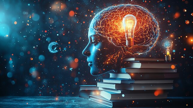 illustration of human head filled with knowledge and ideas, education collage, books, gears, lightbulbs, vibrant artistic vision, highresolution 8K