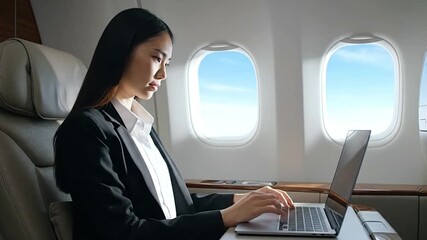 Woman in suit works on laptop aboard a private jet gazing out the window at a clear sky - Powered by Adobe