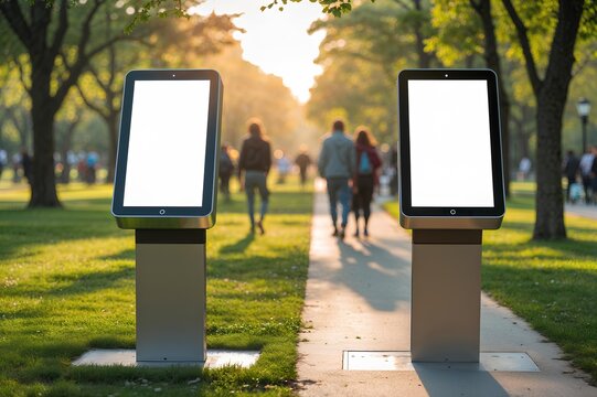 Two blank digital kiosks stand in a city park at sunset, offering a perfect mockup for outdoor advertising.
