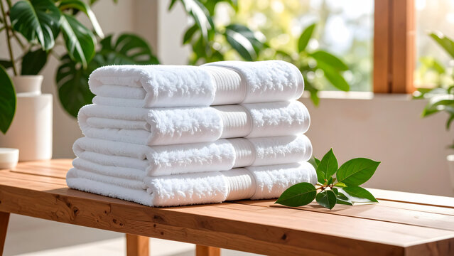 Neatly stacked white towels on a wooden bench with greenery in the background.