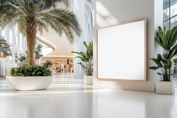 Blank billboard in modern shopping mall interior with bright natural light