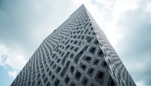 Geometric Ascent Modern Skyscraper Facade with a Striking Mesh Pattern of Triangular Panels Reaching Towards a Cloudy Sky - Powered by Adobe