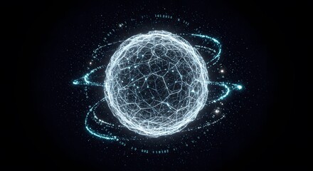 Glowing Digital Sphere with Binary Orbitals on Black Background, Data Visualization