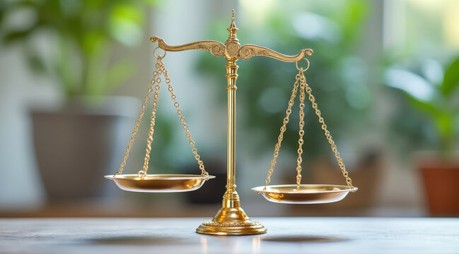 Golden balance scale stands elegantly on wooden surface, symbolizing justice and fairness, surrounded by greenery