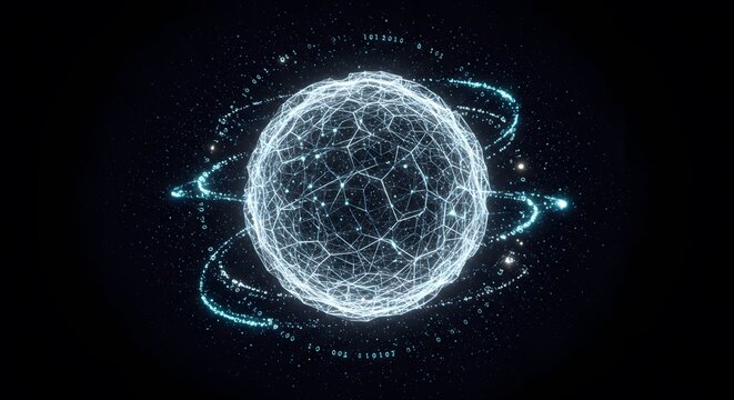 Glowing Digital Sphere with Binary Orbitals on Black Background, Data Visualization