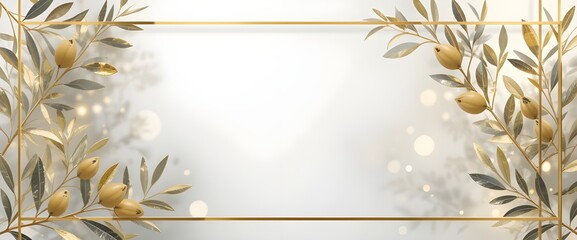 Transparent Frame of Golden Olive Branches Over White Gradient Background, Luxurious and Airy Design for Packaging or Branding Use