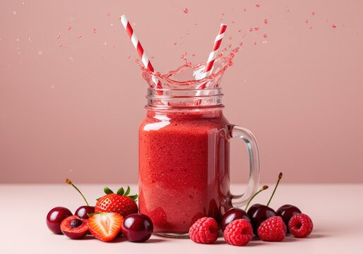 A mason jar filled with a red smoothie with fruit and striped straws on a pink background creating splashes - Powered by Adobe
