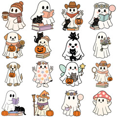 Set of Cute halloween ghost illustration, Retro halloween Ghostly design, Spooky Season Ghoul ClipArt 