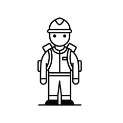 Line art illustration:  Construction worker, backpack, hard hat, safety, minimalist style, serious mood, professional, vector graphic.