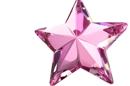 Sparkling pink crystal star shaped gemstone isolated on transparent background
