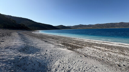 Blue lake scenery. River, trees, sky. Lake in Turkey drone view. High quality photo