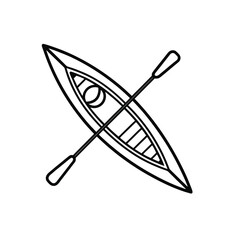 Simple black and white line art of a kayak and paddle